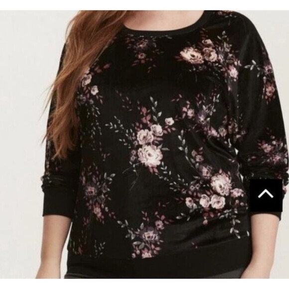 Torrid Velveteen Black & Pink Floral Sweatshirt 1XL Whimsygoth Punk Retro Witch - Picture 2 of 8
